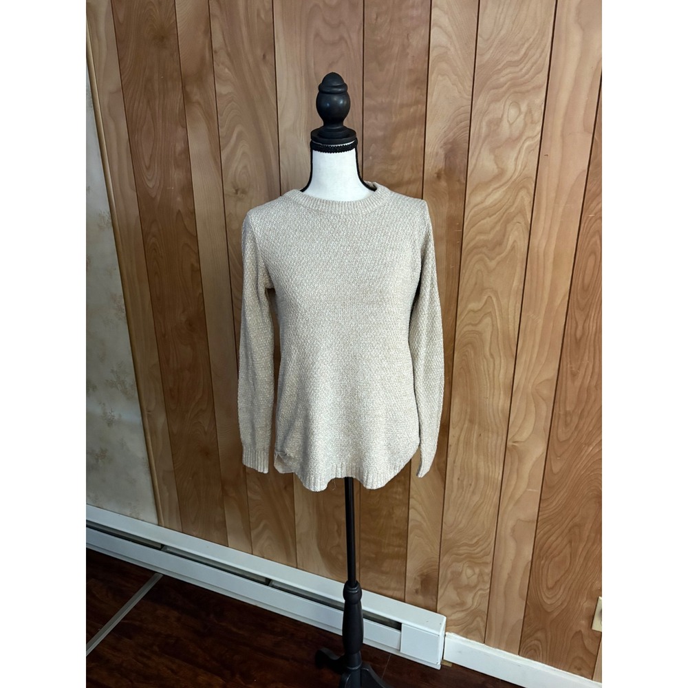 Pink‎ Clover Womens XS Beige Oatmeal Textured Knit Crewneck Sweater Curved Hem